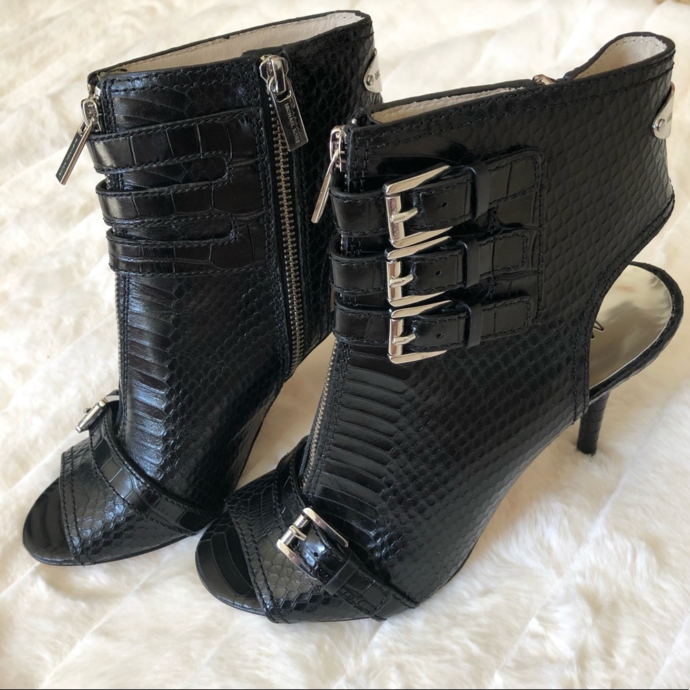 Michael Kors Black Snakeskin Open Toe Booties. NEW